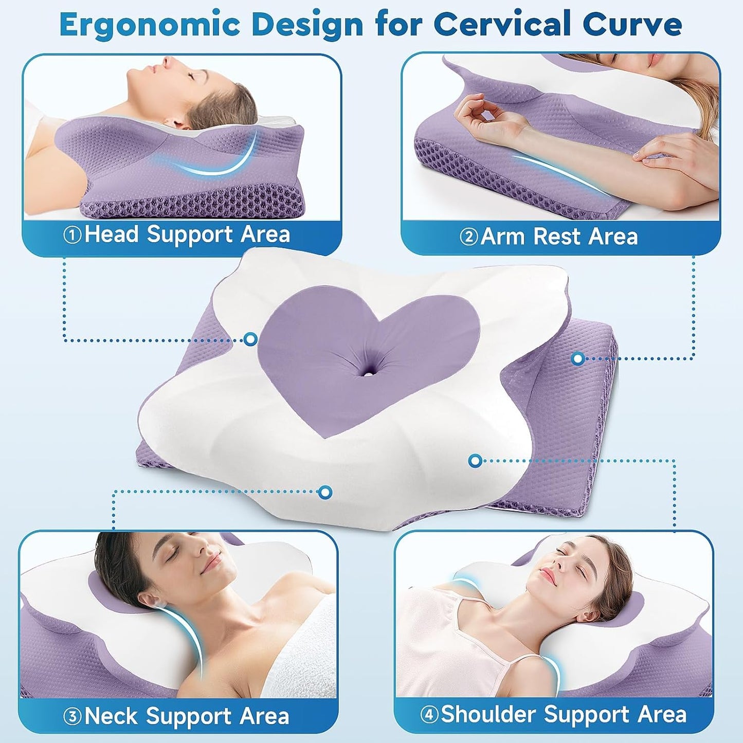 Cervical Memory Foam Neck Support Pillow for Sleep, Ideal for Side, Back, and Stomach Sleepers, Queen Size, Lavender