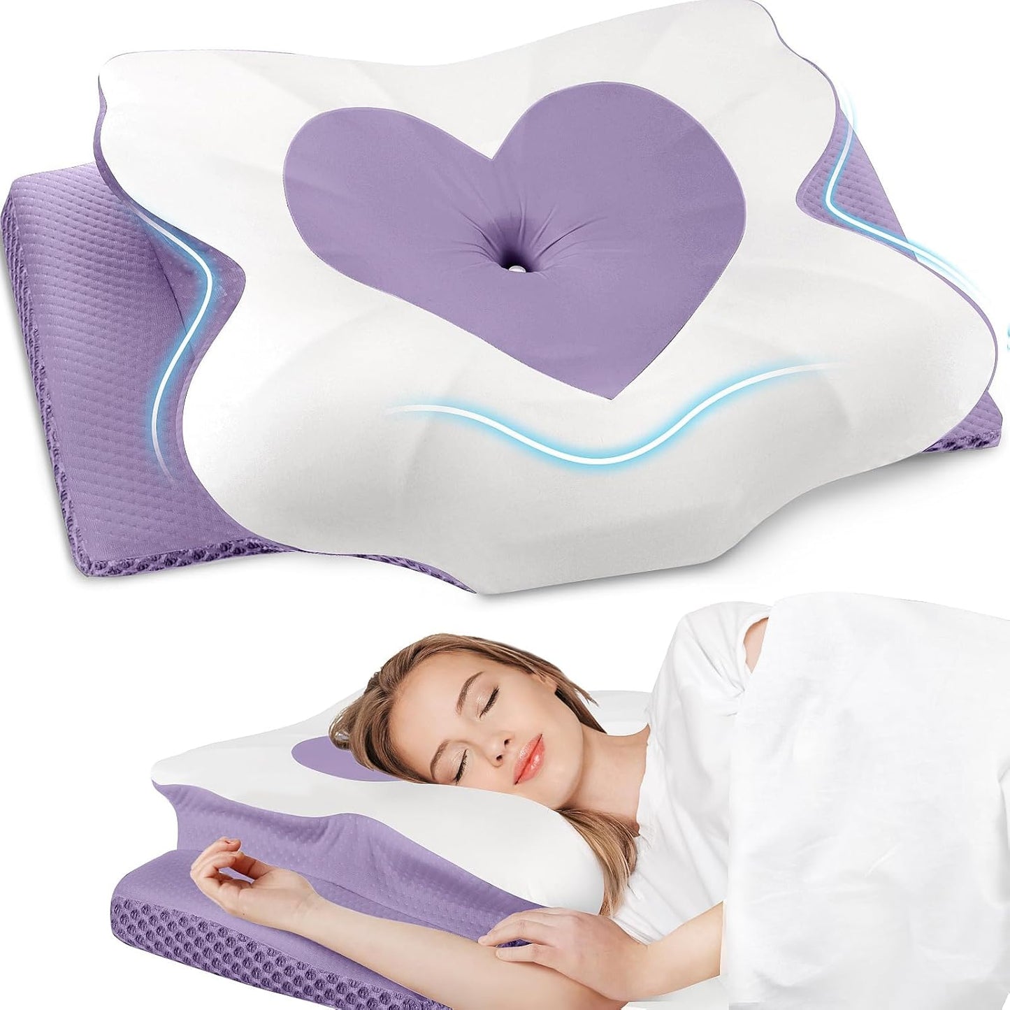 Cervical Memory Foam Neck Support Pillow for Sleep, Ideal for Side, Back, and Stomach Sleepers, Queen Size, Lavender