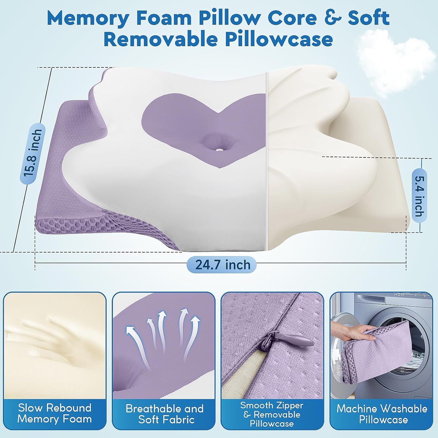 Cervical Memory Foam Neck Support Pillow for Sleep, Ideal for Side, Back, and Stomach Sleepers, Queen Size, Lavender