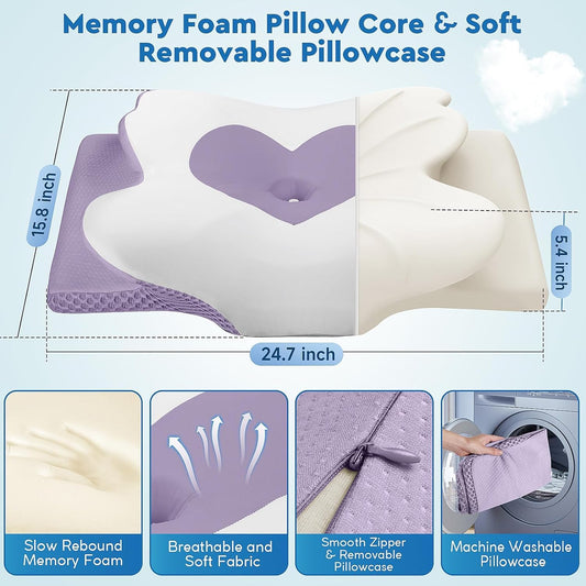 Cervical Memory Foam Neck Support Pillow for Sleep, Ideal for Side, Back, and Stomach Sleepers, Queen Size, Lavender