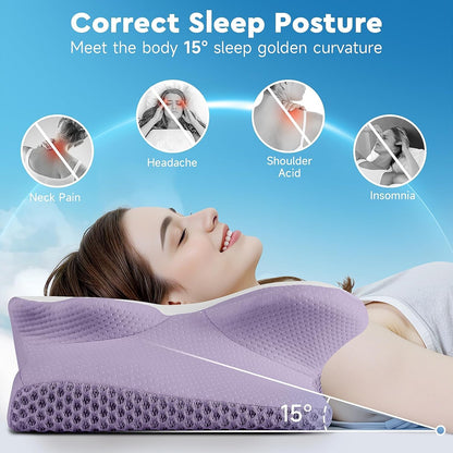 Cervical Memory Foam Neck Support Pillow for Sleep, Ideal for Side, Back, and Stomach Sleepers, Queen Size, Lavender