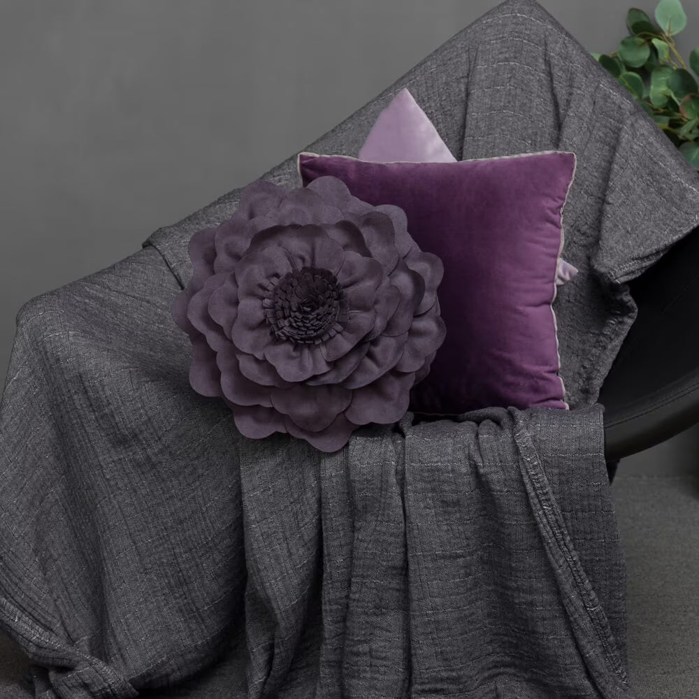 Deep Purple 3D Textured Flower Throw Pillow Soft Suede Decorative Cushion for Couch Bedroom and Living Room 14X14Inches