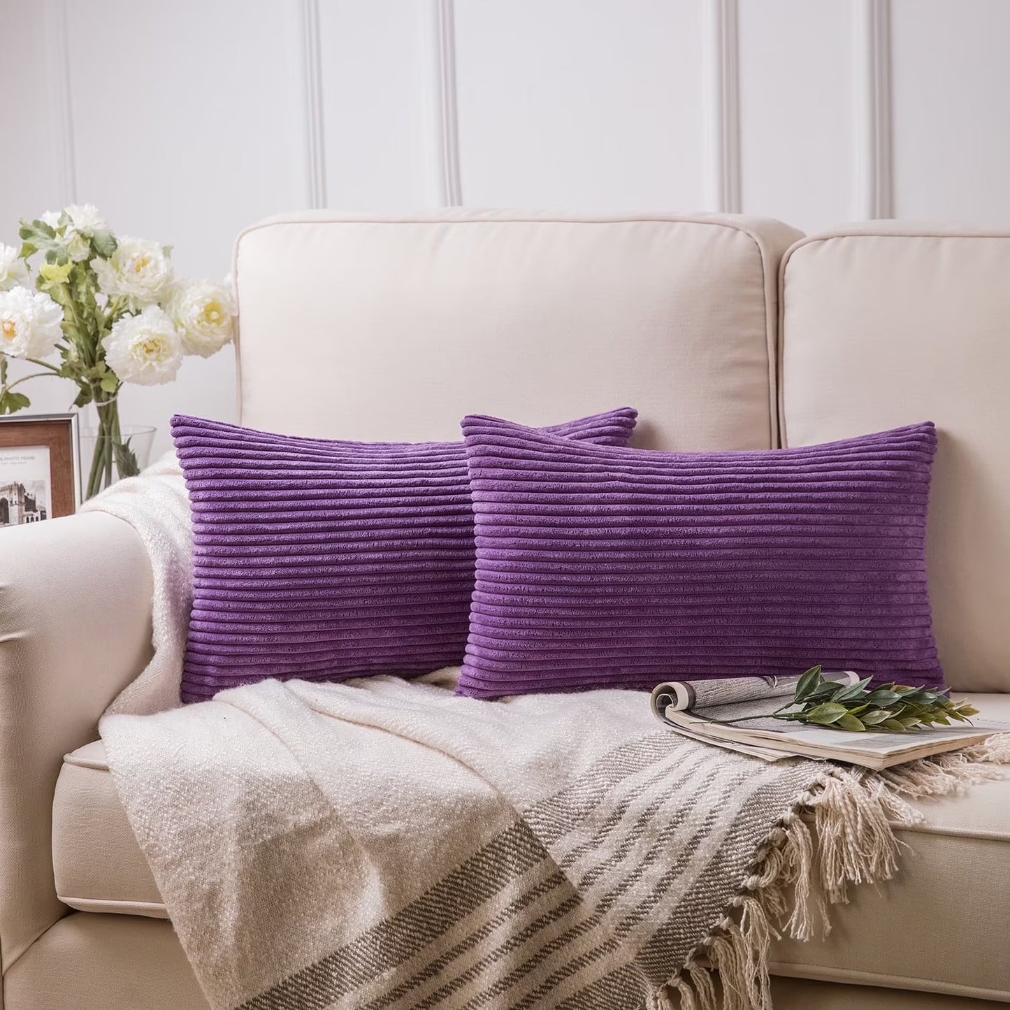 20 in X 12 in Cozy, Stylish, Concise Solid Print Living Room, Bedroom Corduroy Decorative Pillow Case, Removable Cover (2 Count)