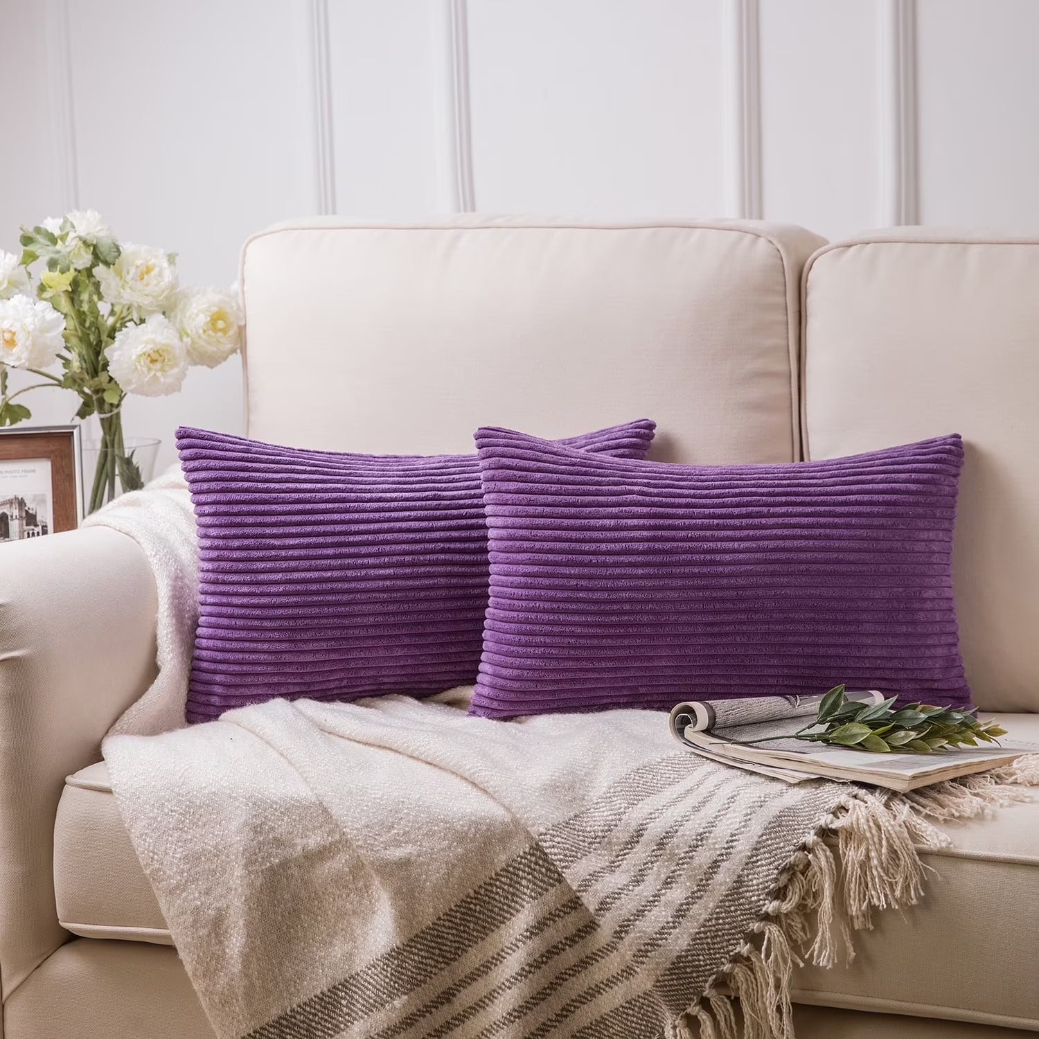 20 in X 12 in Cozy, Stylish, Concise Solid Print Living Room, Bedroom Corduroy Decorative Pillow Case, Removable Cover (2 Count)